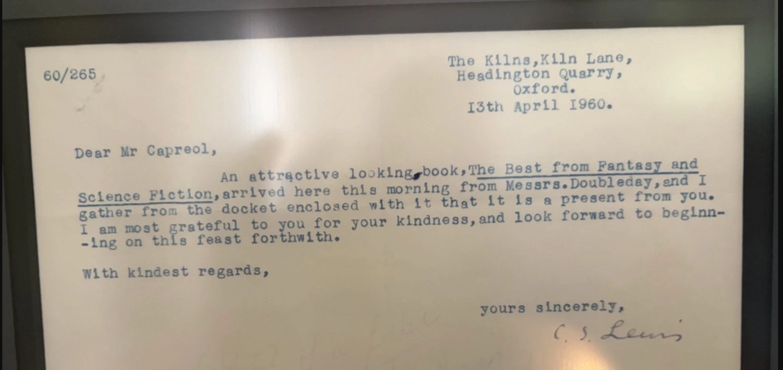 Close-up of the 1960 C.S. Lewis letter to Mr. Capreol, signed C.S. Lewis