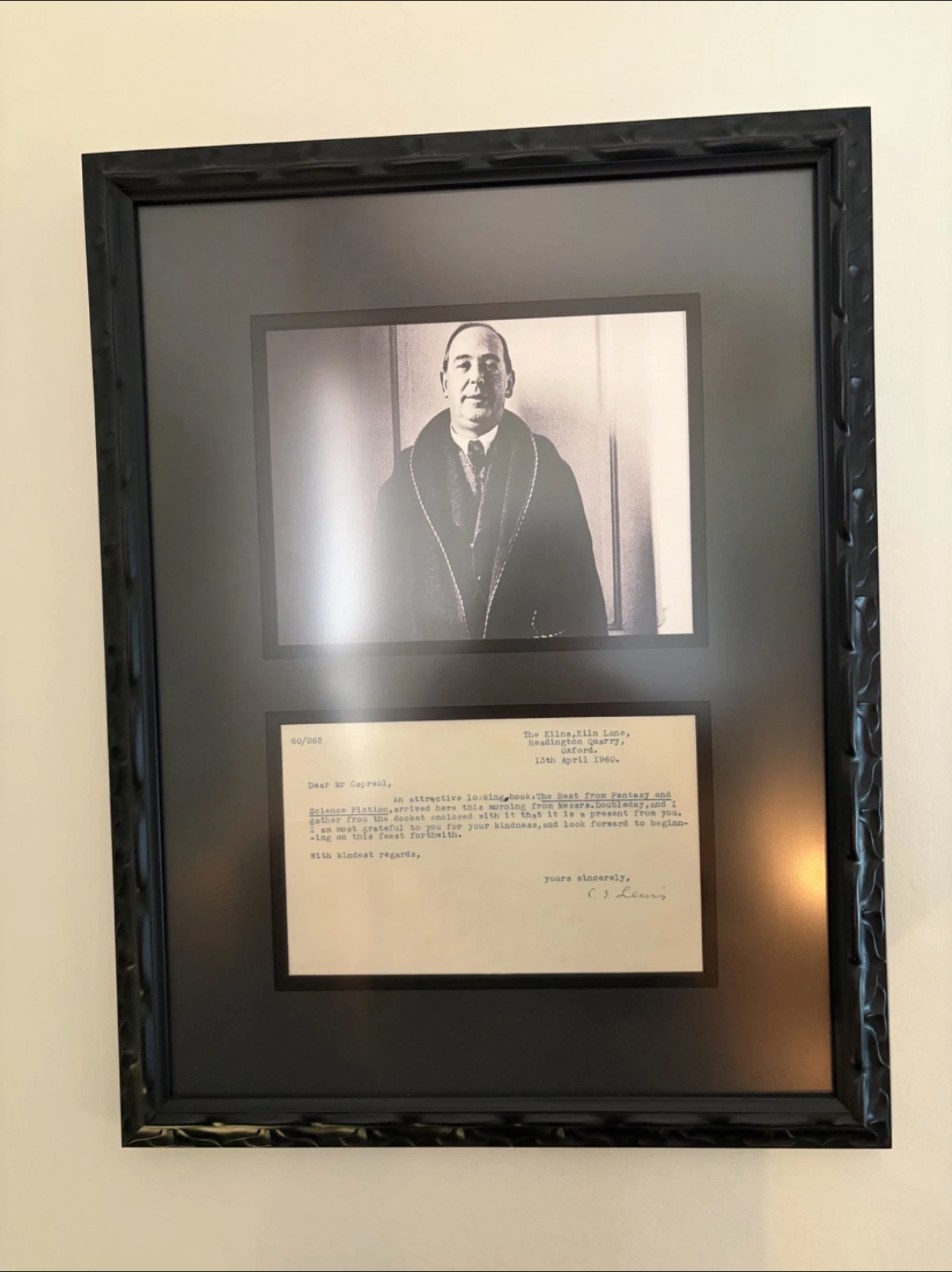 Framed signed C.S. Lewis letter with a black-and-white photograph of Lewis