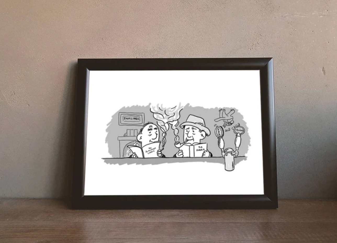 Framed sketch of C.S. Lewis and J.R.R. Tolkien reading at the Eagle and Child pub